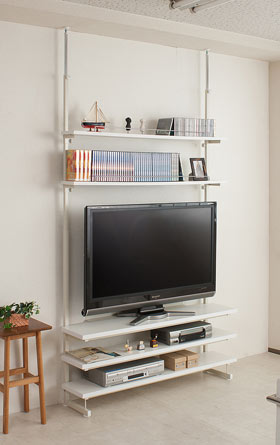 ホワイト テレビ台 オープンシェルフ テレビ台 幅119.5cm 突っ張り シェルフ オープンラック 棚板5枚 テレビ