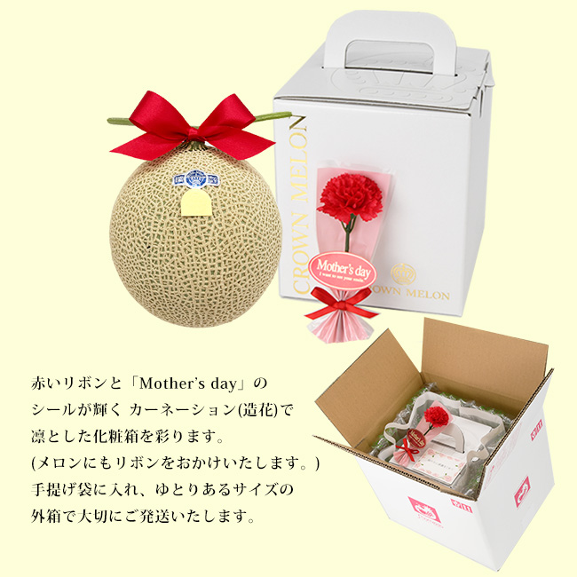 赤いリボンと「Mother’s day」のシールが輝くカーネーション(造花)で凛とした化粧箱を彩ります。手提げ袋に入れ、ゆとりあるサイズの外箱で大切にご発送します