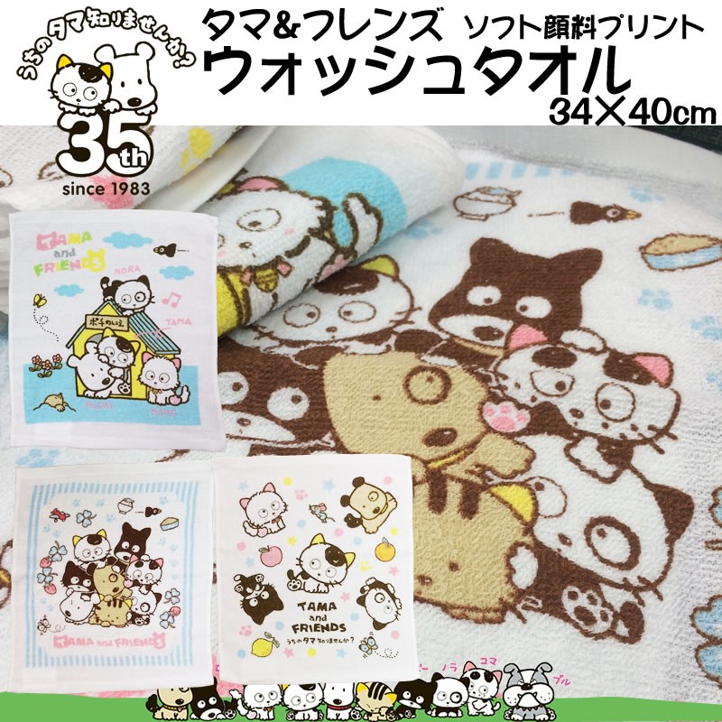 タマ＆フレンズ ウォッシュタオル ハンドタオル（34×40cm）『うちのタマしりませんか？』 ソフト顔料 プリントタオル 綿100％ 吸水速乾