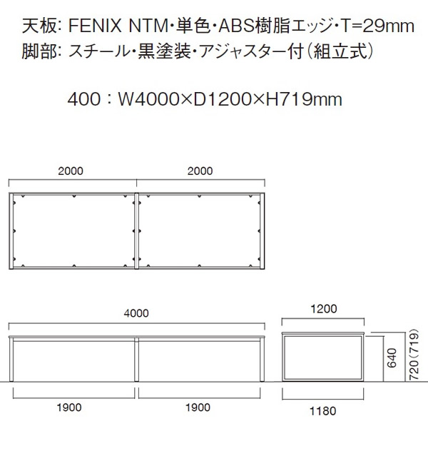 テーブル W4000xD1200xH719 単色 机 つくえ ダイニング ワーク 会議 仕事 作業 台 オフィス 受注生産 (ナチュラル) 店舗 施設 コントラクト カフェ 飲食店_2
