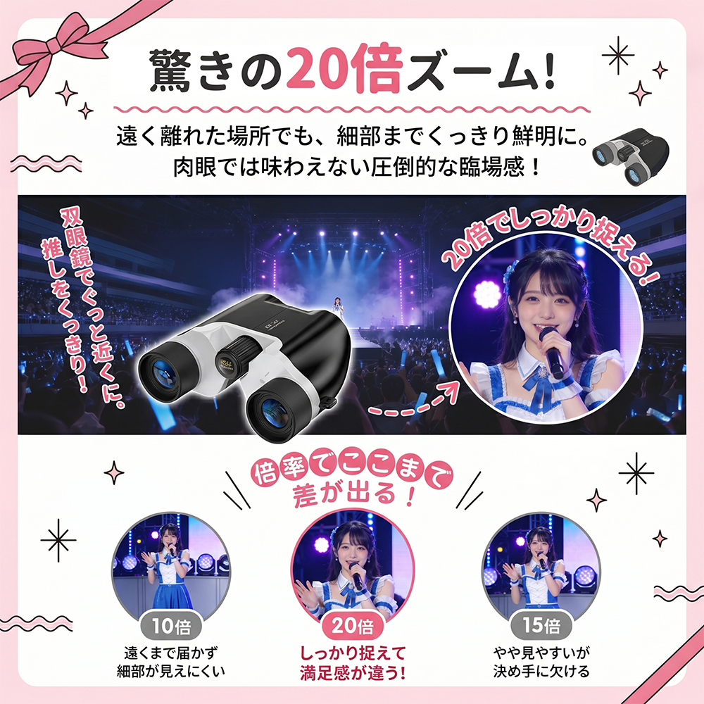 双眼鏡 2026年ライブ改良モデル! コンサート ライブ用 高倍率 20倍 ドーム 軽量 観劇 コンパクト 子供 スポーツ観戦 バードウォッチング BAK4 FMC 高精細 関連画像4