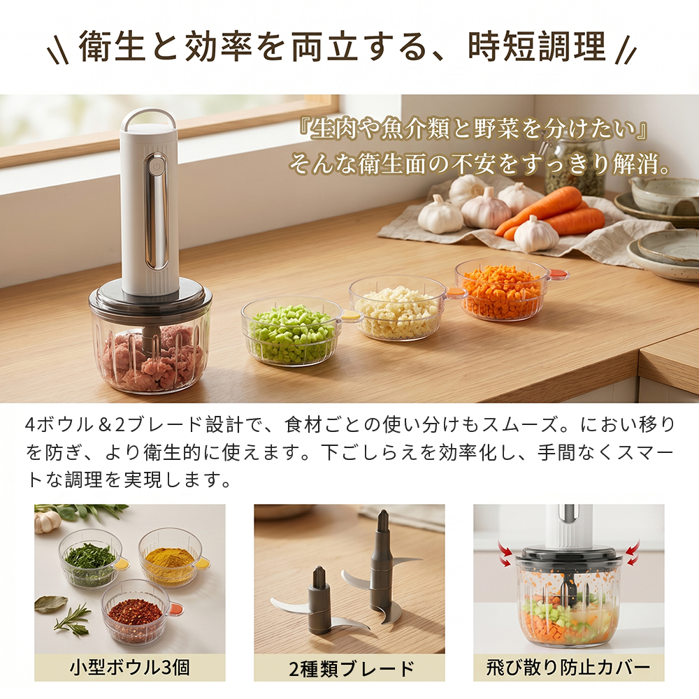 フードプロセッサー コードレス 【4000円OFFクーポン】 ミキサー ブレンダー ハンド ジューサー 離乳食 料理 フードカッター 強力氷砕 ガラス製ボウル 2種類の刃 関連画像2