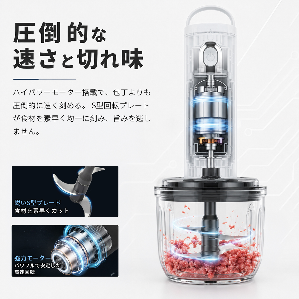 フードプロセッサー コードレス 【4000円OFFクーポン】 ミキサー ブレンダー ハンド ジューサー 離乳食 料理 フードカッター 強力氷砕 ガラス製ボウル 2種類の刃 関連画像3