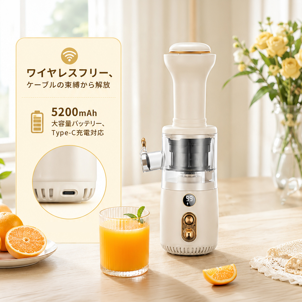 スロージューサー コードレス 【4000円OFFクーポン】 ジューサー しぼりかす分離 97%搾り汁率 静音 正逆回転 2段階調整 コールドプレス 残量表示 2026年 関連画像1