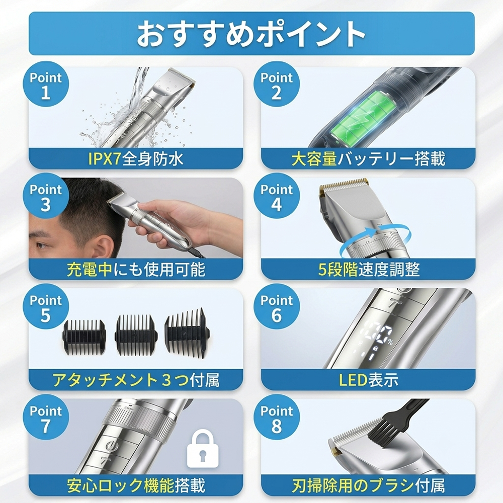 バリカン 散髪 【最新発売10%OFF】 電動バリカン 充電式 電気バリカン コードレス ヘアカッター メンズ 防水 セルフカット 子供 家庭用 プロ 業務用 2026年型番 関連画像3