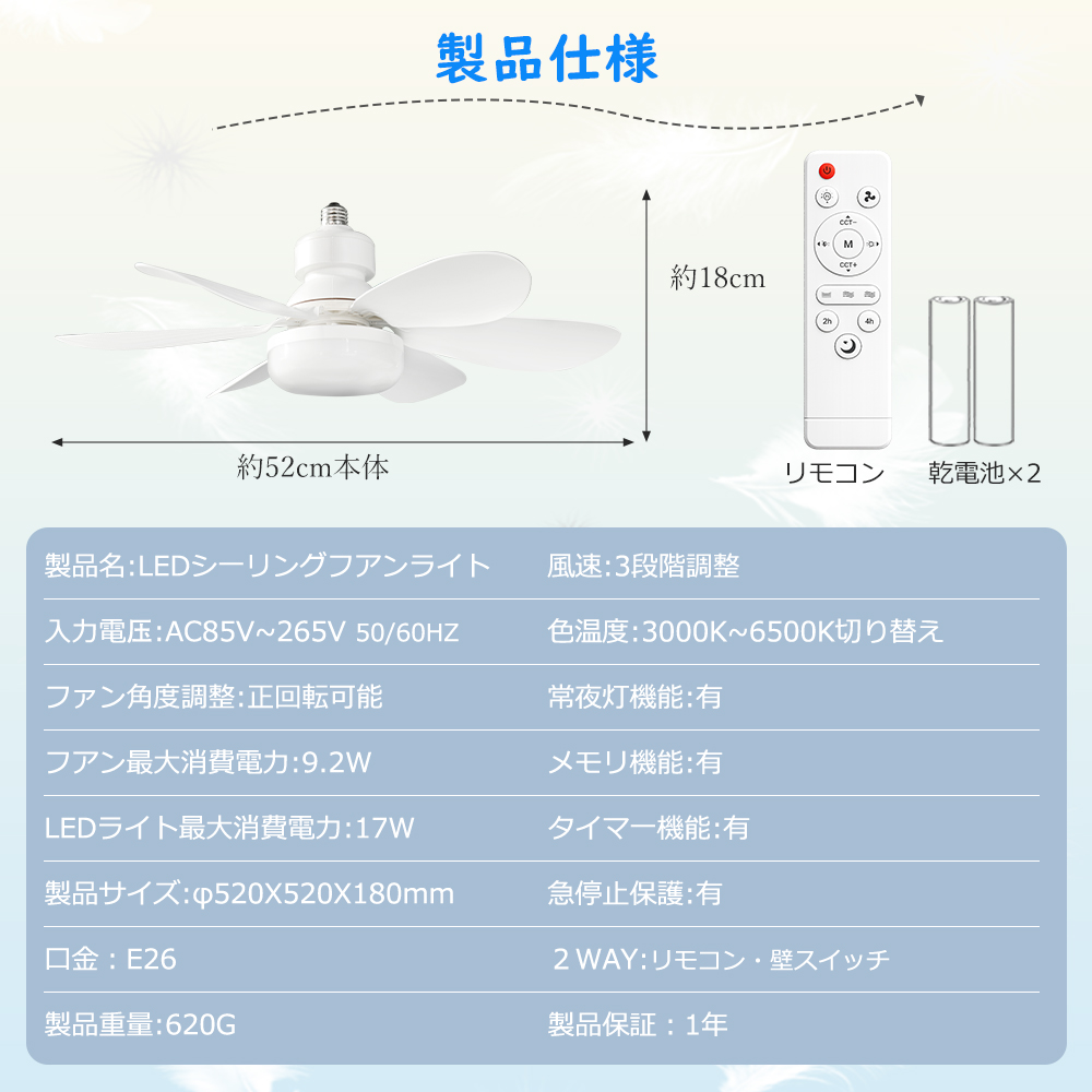 新型 シーリングファンライト LED電球 調光調色 E26ファン付き照明