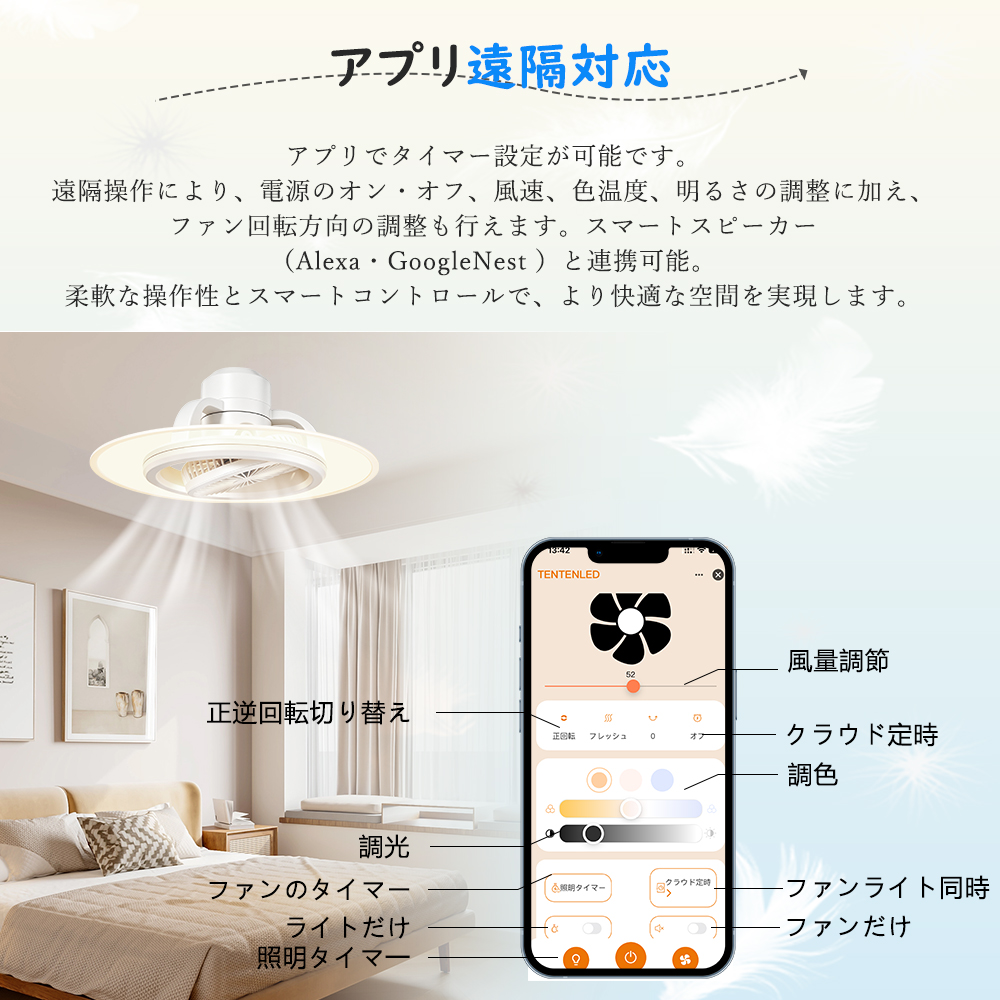 alexa対応シーリングファンライト 首振り引っ掛け LEDシーリングライト