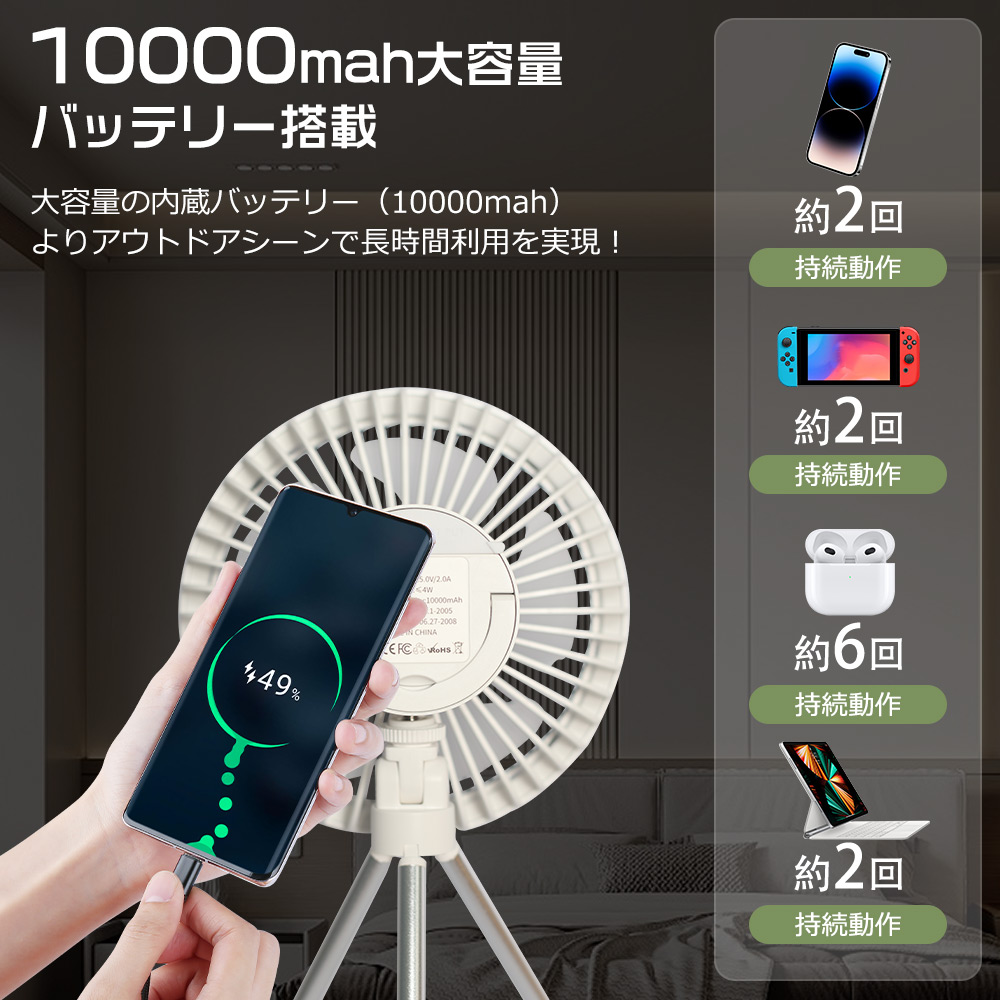 扇風機 卓上扇風機 USB充電式 三脚スタンド 携帯扇風機 静音 ミニ