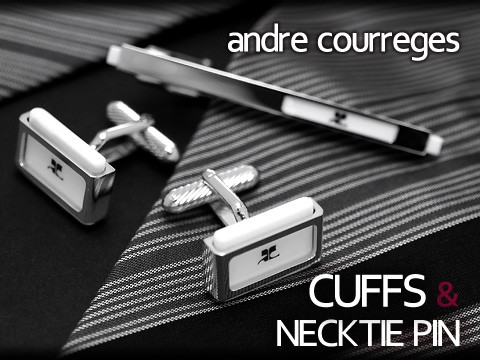 【andre courreges アンドレ・クレージュ】　ネクタイピン＆カフスセット　アクリル シルバー×ホワイト　ACT5005-ACC10005