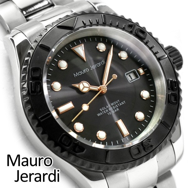 【Mauro Jerardi】マウロ ジェラルディ ソーラー メンズ 腕時計 ブラックベゼル ブラックダイアル ステンレスベルト MJ061-1