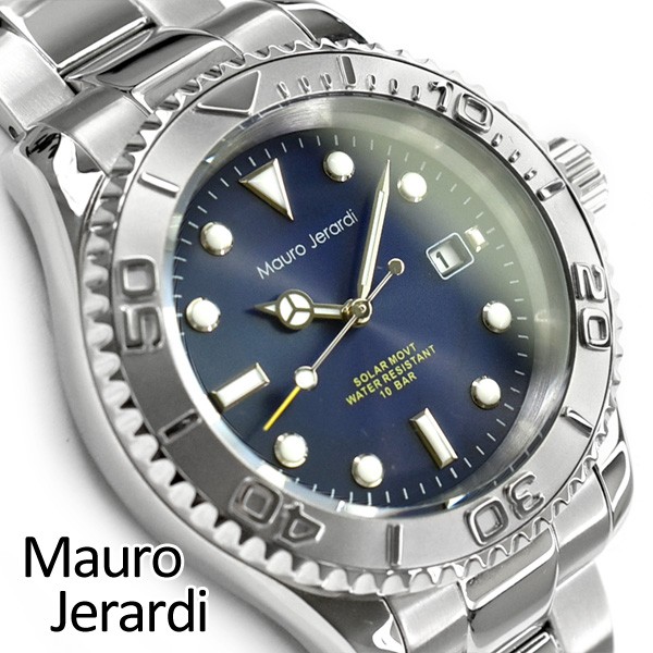 【Mauro Jerardi】マウロ ジェラルディ ソーラー メンズ 腕時計 ネイビーダイアル ステンレスベルト MJ061-2