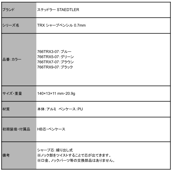 ステッドラー TRX シャープペンシル 0.7mm 766TRX 全4色 ペン