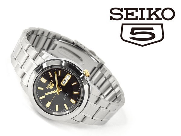 逆輸入SEIKO5 セイコー5 メンズ自動巻き腕時計 ブラック×ゴールドダイアル ステンレスベルト SNKK17J1