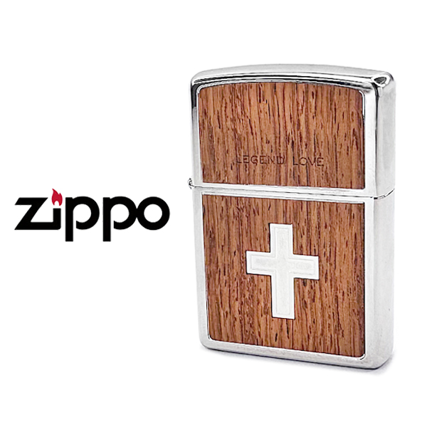 ジッポー LEGEND LOVE ライター ZIPPO  クロス 十字架 ブラウン 木貼り ZIP-KIBARI｜1more