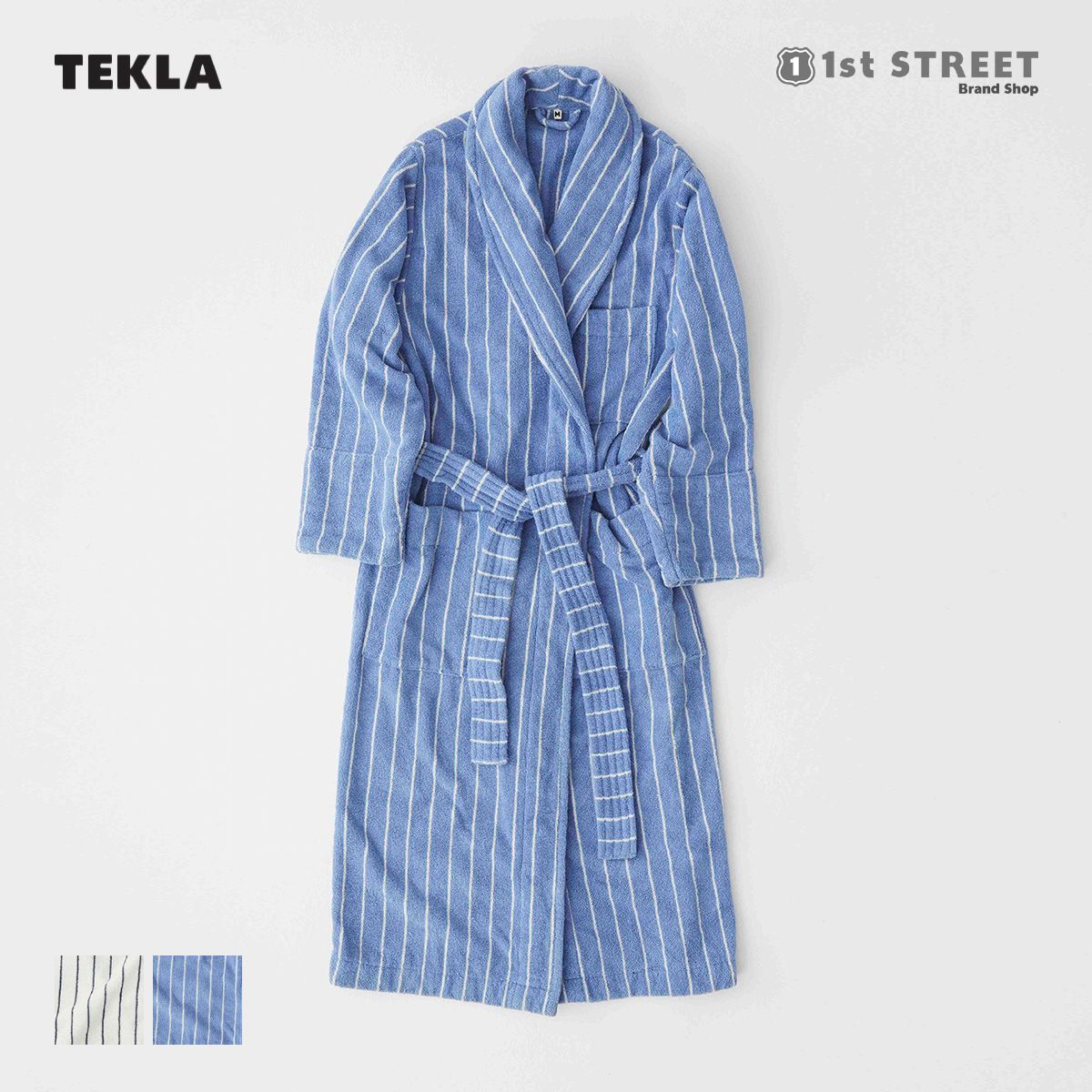 【未使用　タグ付き】TEKLA バスローブ 青 ストライプ　キッズサイズ TEKLA（テクラ） 正規販売店 バスローブ パジャマ ボーダー ストライプ