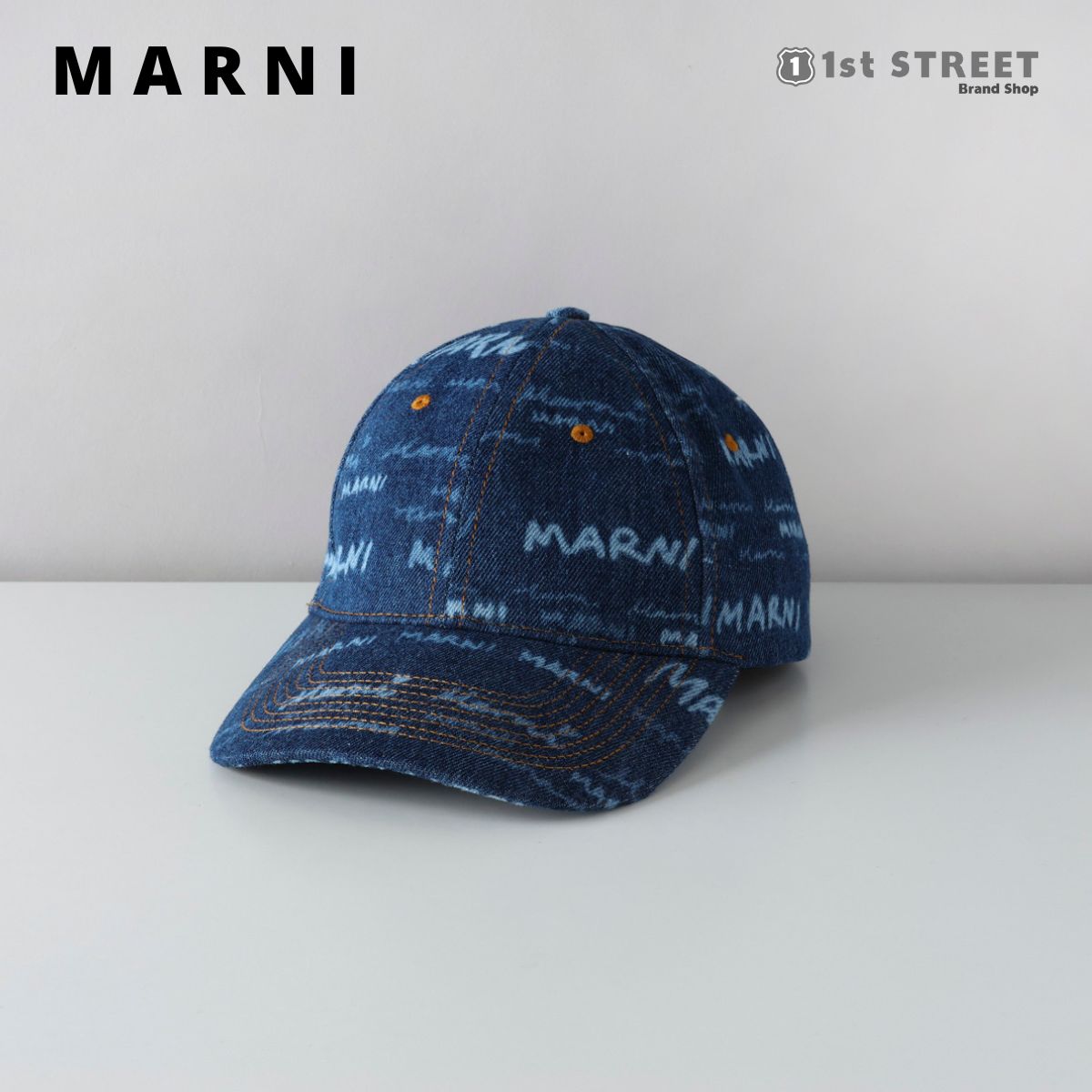 マルニ MARNI キャップ ブルー 帽子 デニム ロゴ 総柄 コットン 人気