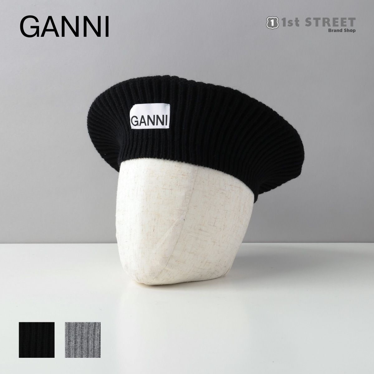 GANNI ロゴパッチベレー帽 関税送込＊GANNI＊ウールブレンド ロゴパッチ ニットベレー帽