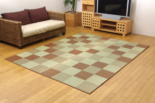 送料無料 】日本製 い草 ラグマット/絨毯 〔ブロック柄 グレー 約191