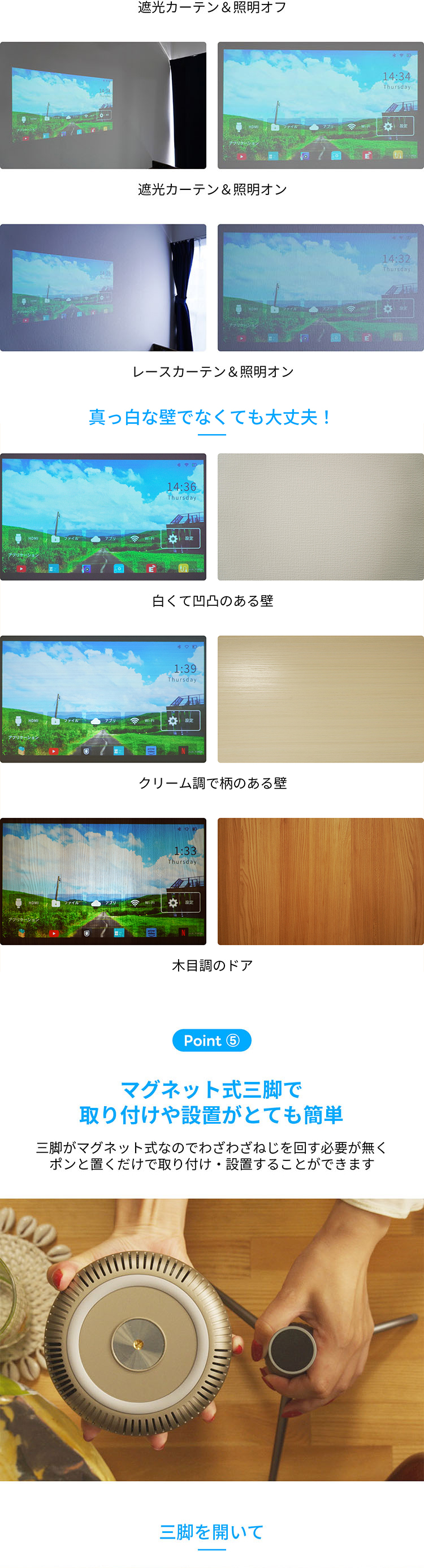 Adget Pocket Projector マグネット三脚で取り付けや設置がとても簡単