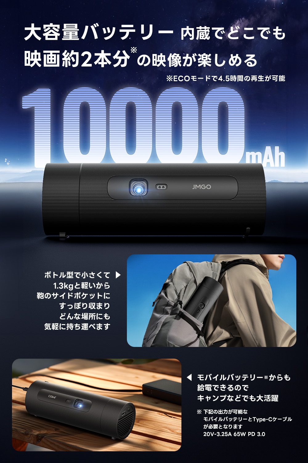 JMGO 10000mAhの大容量バッテリー