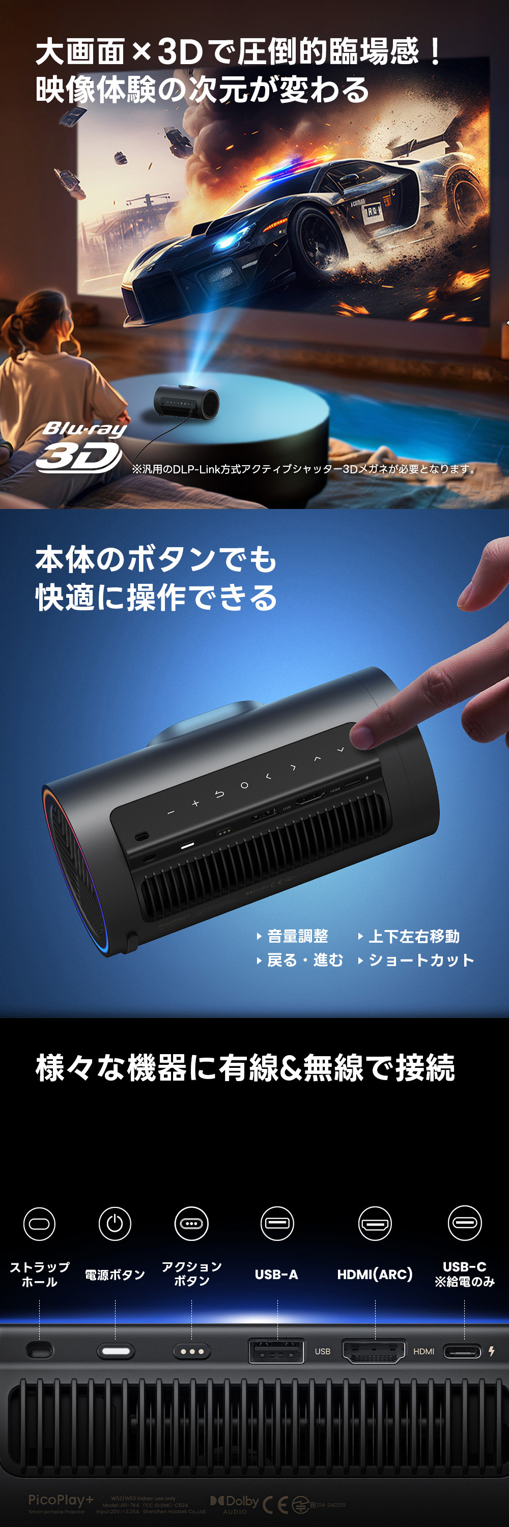 JMGO PicoPlay+ 3Dモード搭載、ワンボタンで操作可能、無線、有線で外部機器と接続