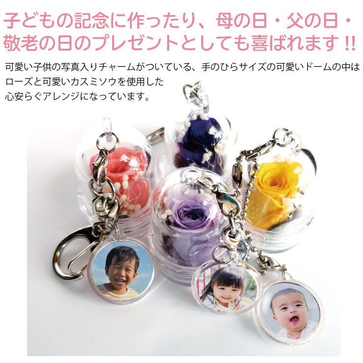 プリザーブドフラワー ドーム 子供 写真 キーホルダー ストラップ