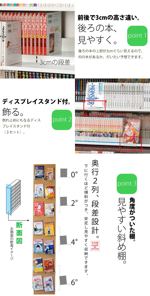 コミック798冊収納 前後段違いで後ろの本が見やすい 本棚 幅89cm