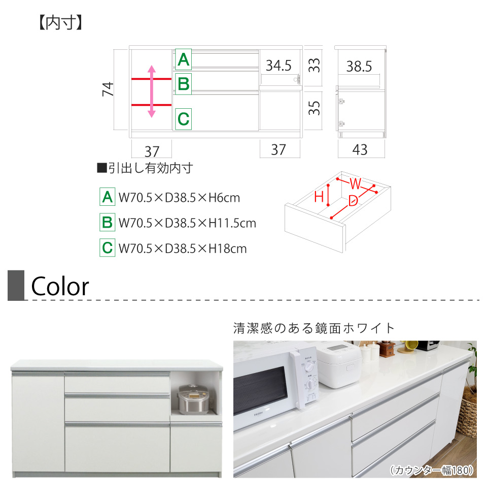 キッチンカウンター 160cm幅 キッチンボード ロータイプ 幅160.5×奥行