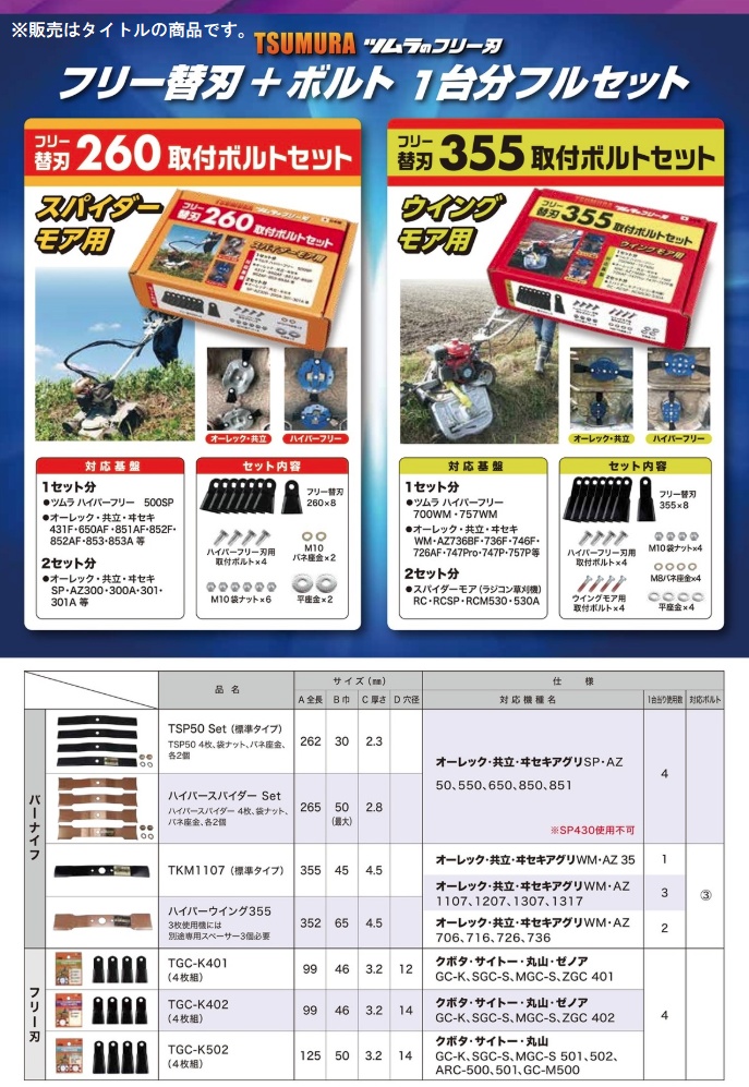 津村鋼業 7588 スパイダーモア用 フリー替刃260取付ボルトセット