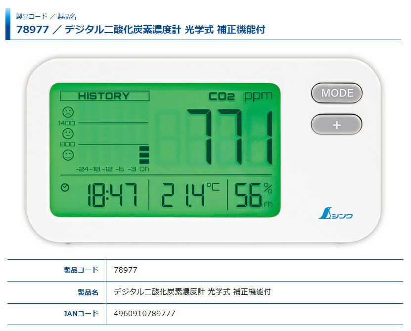 シンワ デジタル二酸化炭素濃度計 78977 光学式 補正機能付 Shinwa