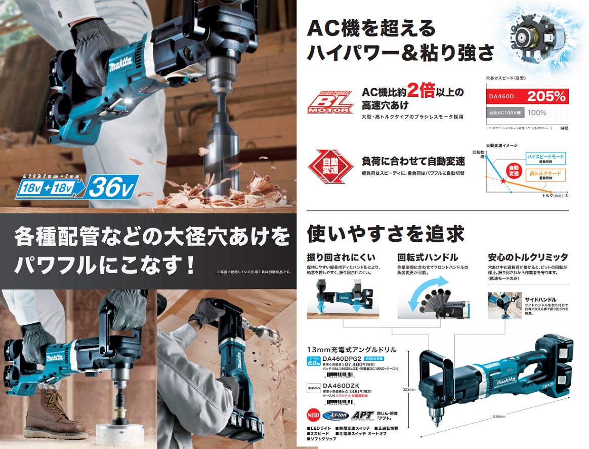 マキタ（makita） 13mm充電式アングルドリル DA460DPG2 バッテリ