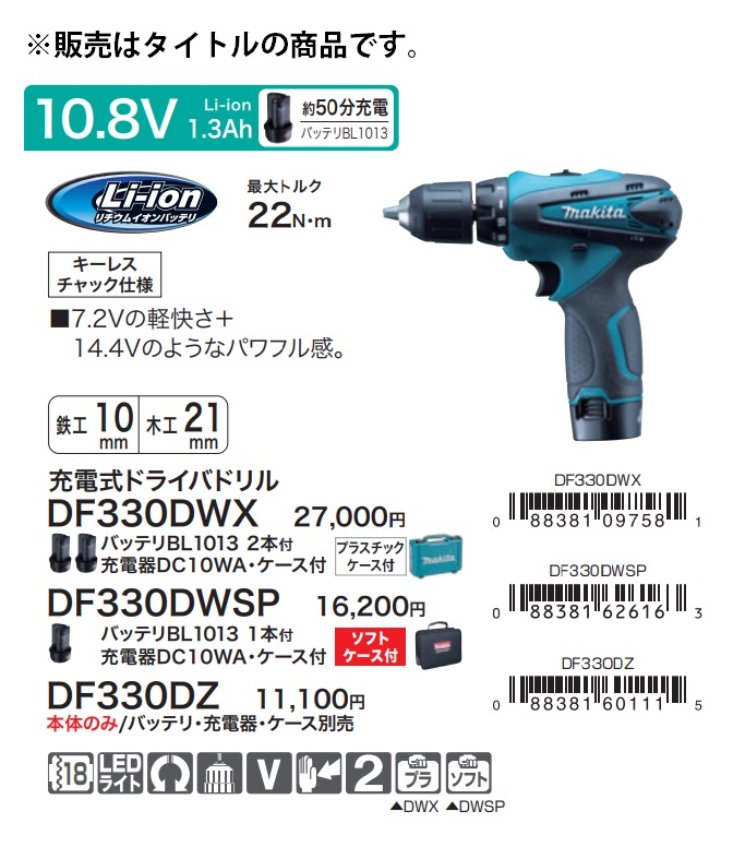 在庫 マキタ 充電式ドライバドリル DF330DWSP バッテリBL1013+充電器