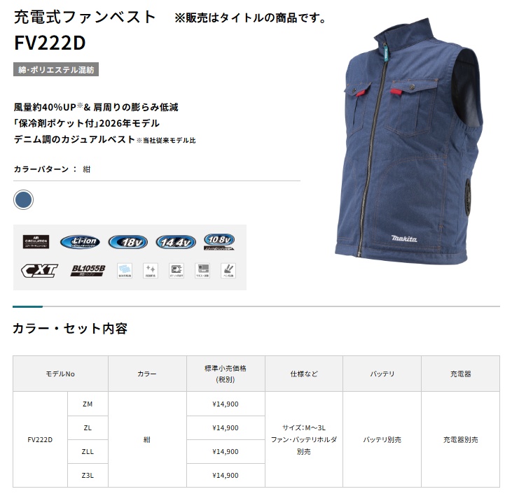 マキタ（makita） FV222DZ3L 充電式ファンベスト 紺 サイズ 3L ベスト