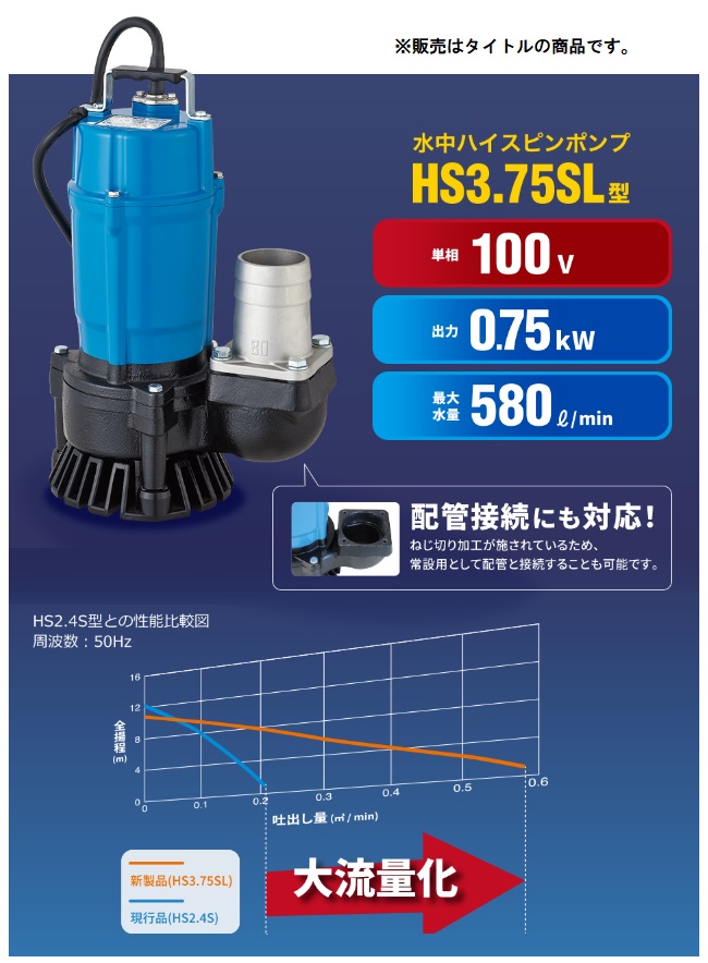 ツルミポンプ 水中ハイスピンポンプ HS3.75SL 50Hz 0.75kW 単相100V