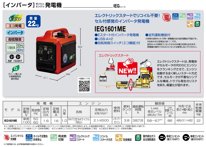 新ダイワ IEG1601ME インバータ発電機 ガソリンエンジン