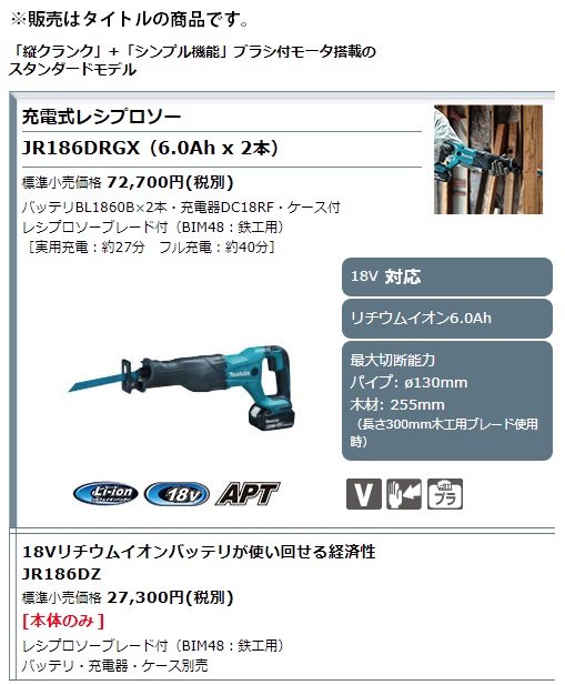 マキタ)充電式レシプロソー JR186DZ 本体のみ ブラシ付モータ