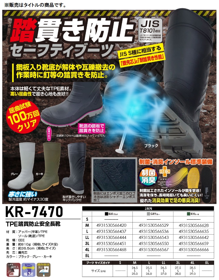 喜多 KITA KR-7470 GRY サイズ3L 安全長靴 TPE踏貫き防止セーフティー