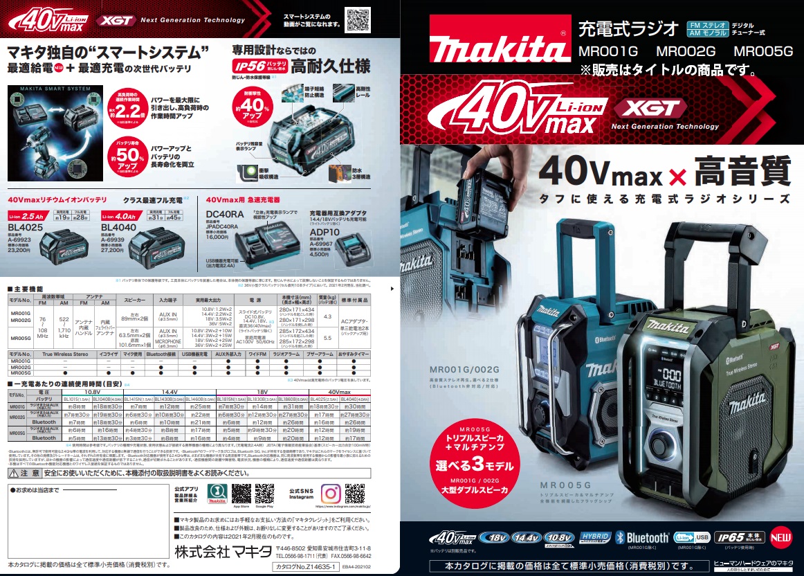 マキタ 充電式ラジオ MR001G DSM 青 バッテリBL1040Bx1個+充電器DC10SA