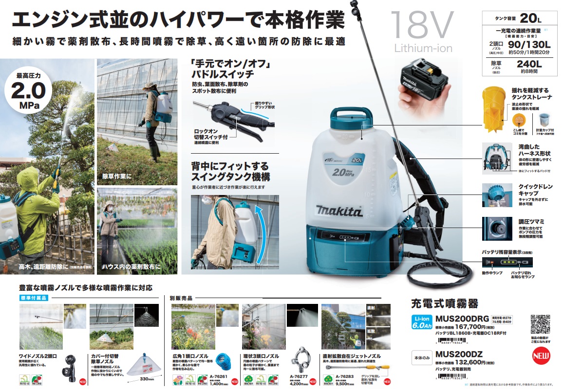 マキタ（makita） 充電式噴霧器 MUS200DZ 本体のみ パドルスイッチ