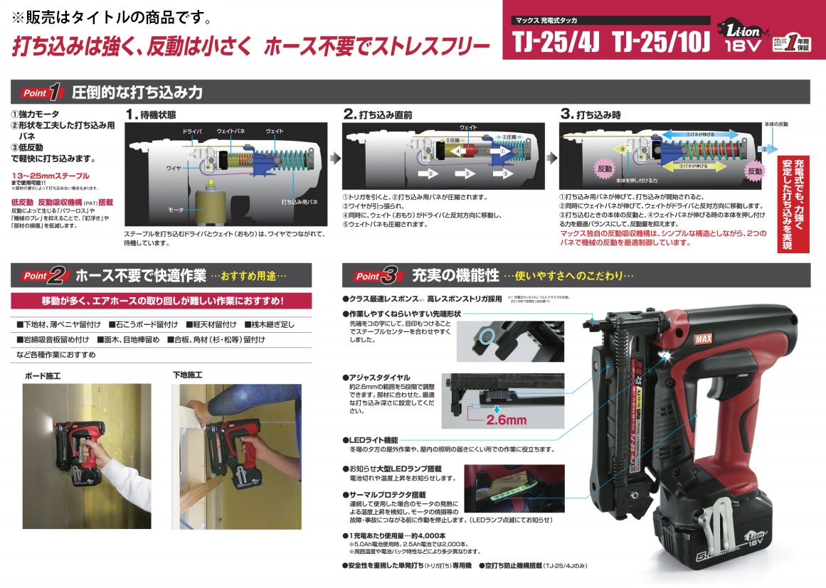 マックス 充電式タッカ TJ-25/4J-BC/1850A PJ91632 バッテリー(JP