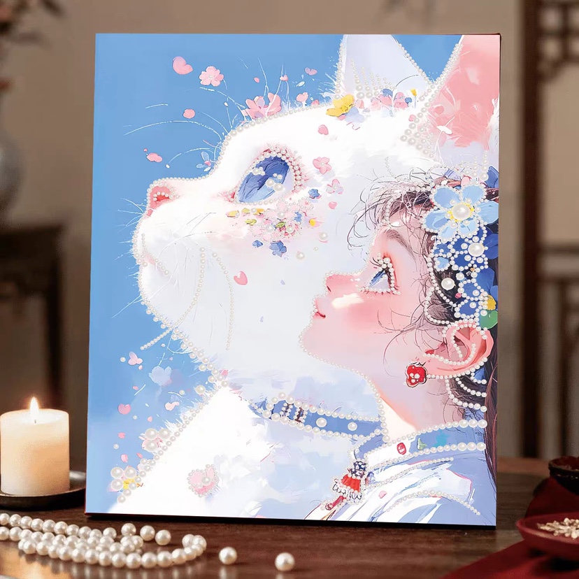 新登場】 パールアート ダイヤモンドアート 手芸キット 白猫 少女 花