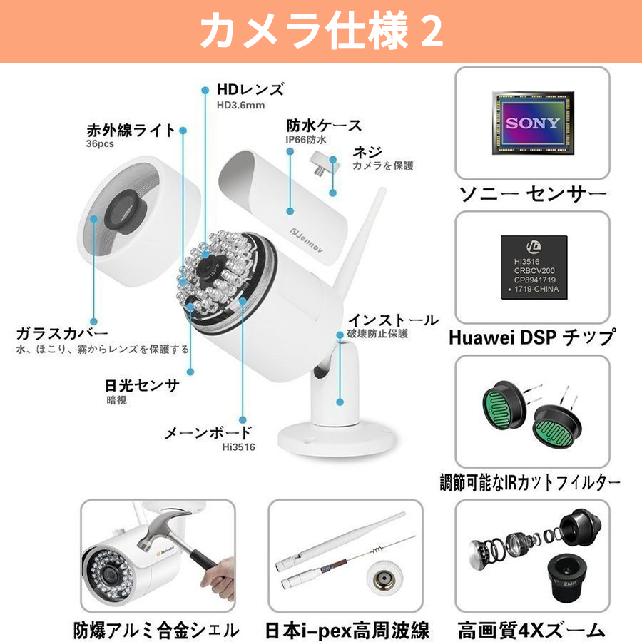 防犯カメラ ワイヤレス 6台セット 屋外 300万画素 12インチモニター