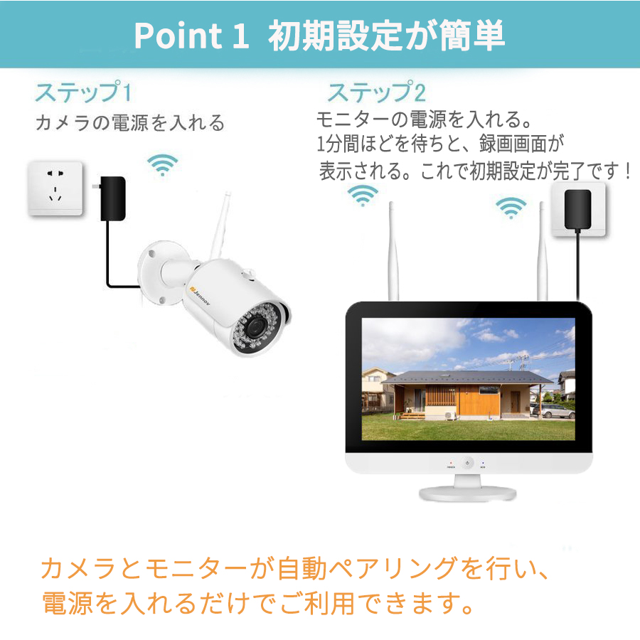 防犯カメラ 屋外 家庭用 wifi ワイヤレス セット モニター付き 2台