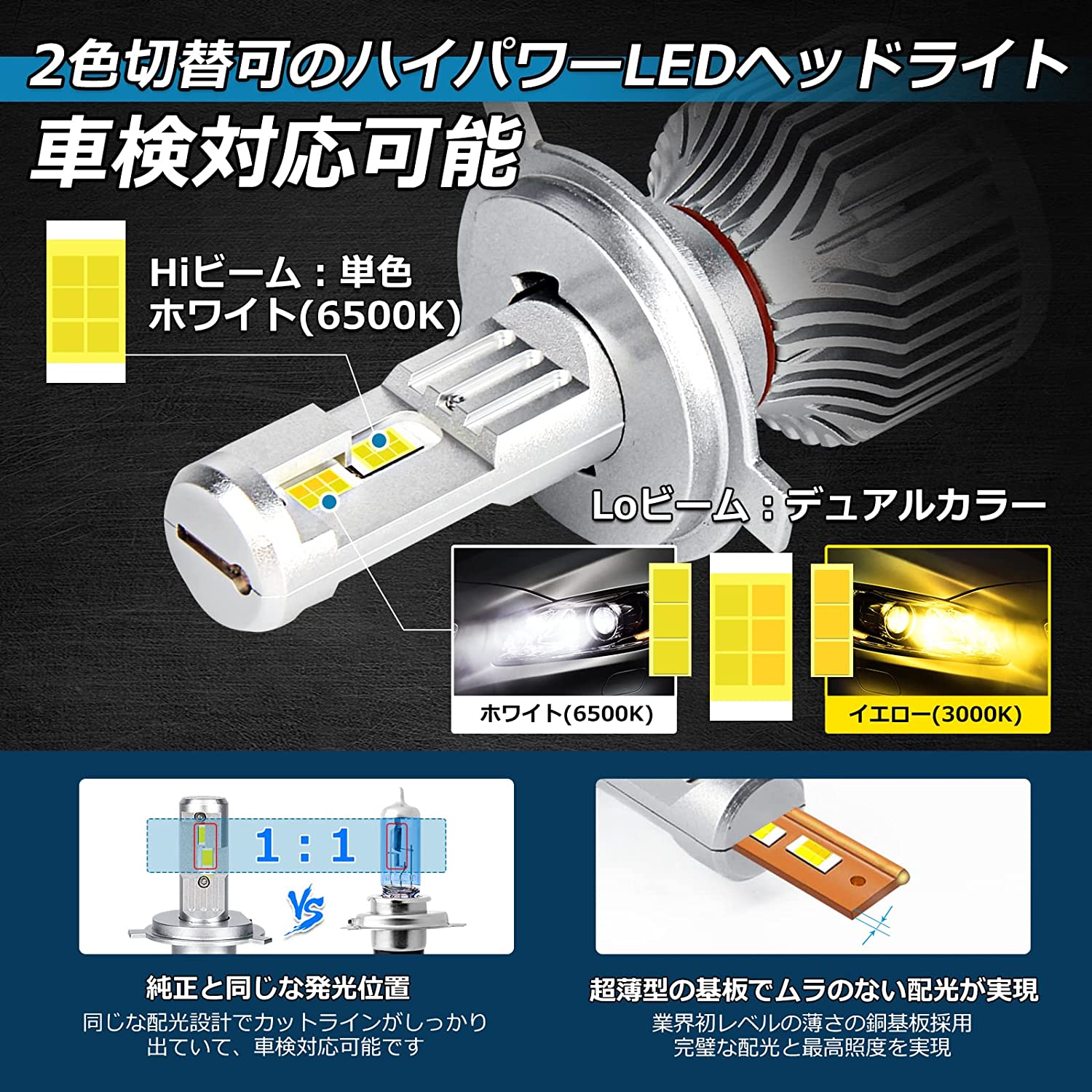 h4 led ヘッドライト ledバルブ 車検対応 純正交換 2色切替 Hi