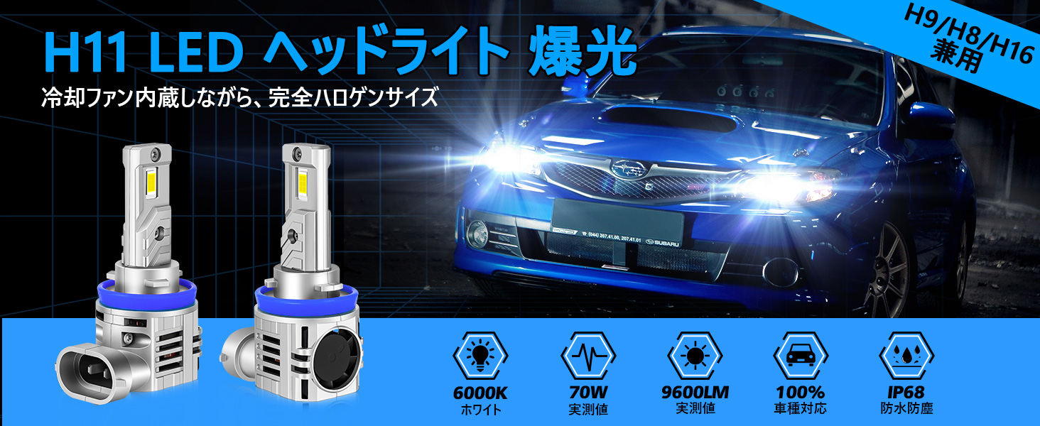 H11 LEDヘッドライト 爆光 車検対応 H8/H9/H11/H16 バイク用【新車検