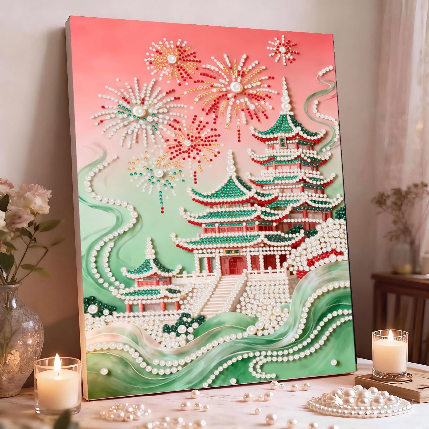 パールアート ダイヤモンドアート キット 花火と東洋建築 初心者 DIY