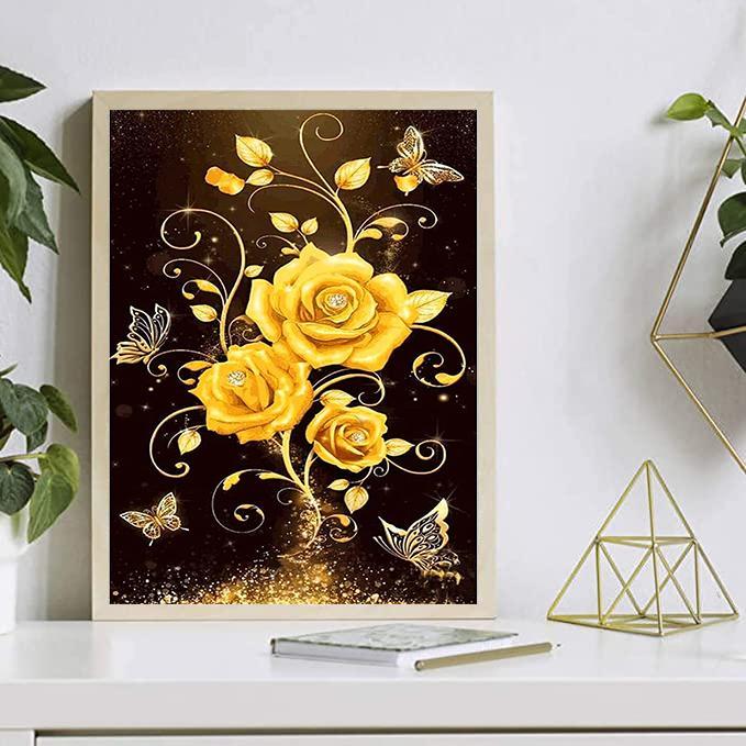 5D ダイヤモンドアート 薔薇 金色お花蝶々 癒し 植物 動物 ビーズ絵画