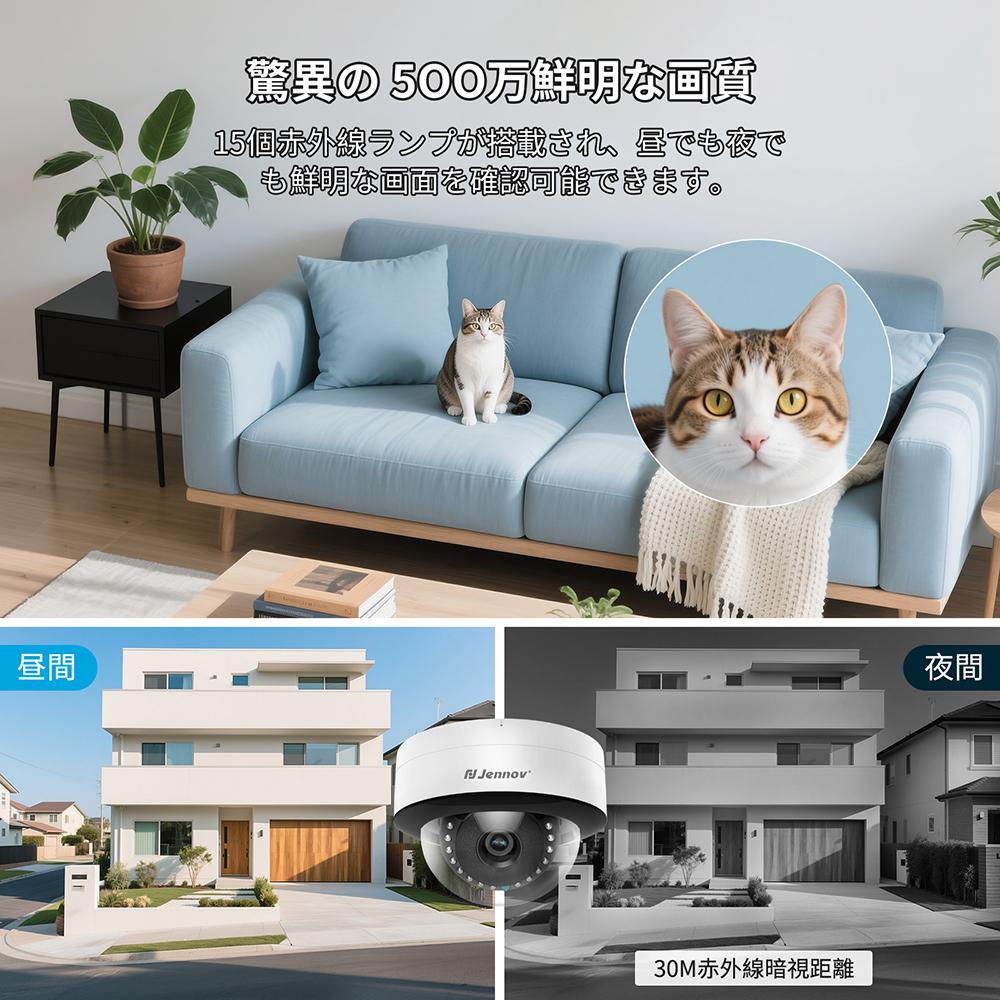 500万画素 poe給電 3TB HDD内蔵 防犯カメラ 4台セット 屋外 屋内 家庭