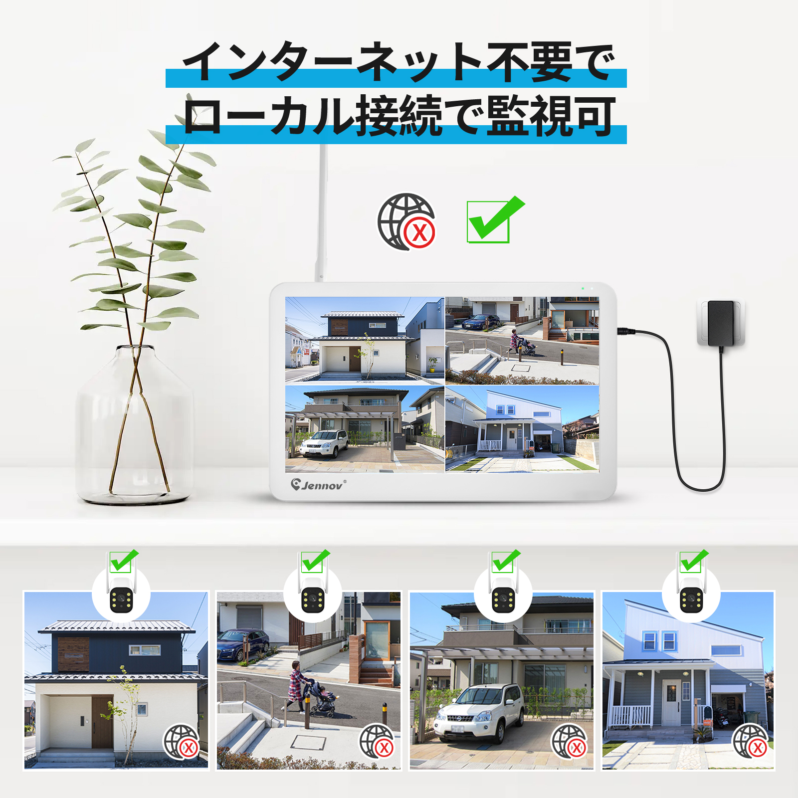 500万画素 4台 モニター一体型録画機 1TB HDD内蔵 防犯カメラ 屋外