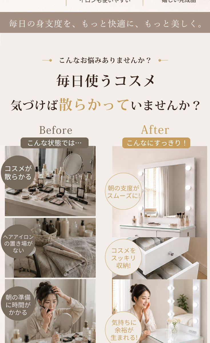ドレッサー コンパクト LEDライト付き 一面鏡 グロス 幅60cm 化粧台